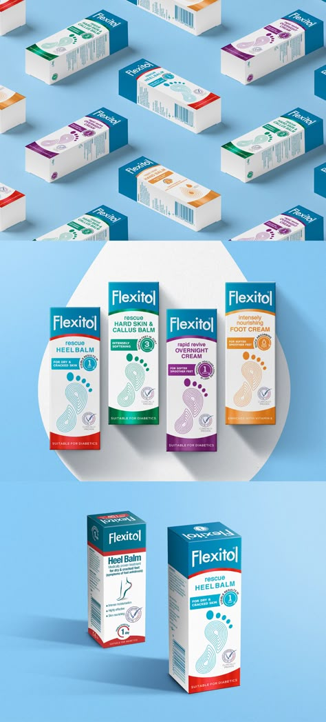 Brandon - Flexitol Puts Its Best Foot Forward With New Packaging Design by Brandon – Challenge: Flexitol is the brand leader in foot skincare and is growing in line with the category, but with a long-term vision ‘to provoke and inspire people to engage positively with the condition of their feet’, Flexitol wanted to bring its revised proposition of ‘health and wellbeing for feet’ to life on pack. – #medical #healthcare #packagingdesign #wbds Pharmacy Packaging Design, Packaging Design Medicine, Medical Box Design, Pharma Packaging Design, Pharmaceutical Packaging Design, Medical Packaging Design, Medicine Packaging Design, Toothpaste Packaging, Medicine Box Design