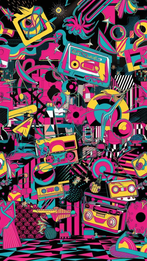 Dive into the dazzling world of 80s wallpaper, featuring bold geometric patterns and neon hues. Inspired by Memphis design, this vibrant art piece captures the essence of pop culture with playful shapes and nostalgic elements like cassette tapes and boomboxes. Energize your space with a lively dance floor vibe that celebrates youthful exuberance and artistic freedom. #80sWallpaper #RetroDesign #PopArt #Nostalgia 80s Background Wallpapers, 80s Retro Wallpaper, Memphis Wallpaper, 90s Background, 80s Background, Preppy Backgrounds, 80s Wallpaper, 80s Pop Culture, Game Center