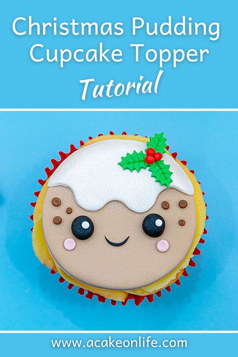 Christmas pudding cupcake topper on a cupcake Easy Christmas Cupcakes, Pudding Cupcakes, Christmas Cupcakes Decoration, Christmas Themed Cake, Christmas Cupcake Toppers, Christmas Holiday Cake, Christmas Cake Pops, Christmas Cake Topper, Christmas Cupcake