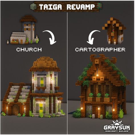 Village Centre Minecraft, Leather Worker House Minecraft, Minecraft Village Revamp Ideas, Taiga Village Revamp, German House Minecraft, Minecraft Taiga Village Revamp, Bell Minecraft Ideas, Minecraft Dark Wood House, Spruce Village Revamp Minecraft