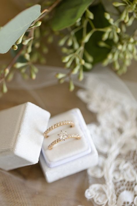 Matching diamond embedded gold wedding rings with a solitaire diamond engagement ring in a white velvet ring box #diamondring #engagementring #weddingring #weddingrings #diamondrings #wedding #weddingideas #goldrings #ringbox Jewelry Flatlay, Fall Beach Wedding, Custom Drink Coasters, Wedding Toss, Cascading Wedding Bouquets, Fall Beach, Beachside Wedding, Outer Banks Wedding, Outer Banks North Carolina