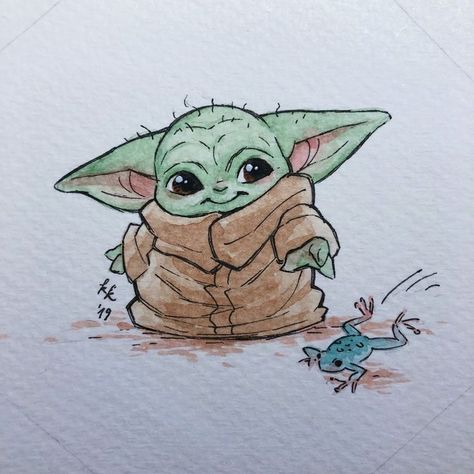 Grogu Watercolor Painting, Grogu Drawing Easy, Star Wars Watercolor Painting, Grogu Tattoo Ideas, Grogu Painting, Baby Yoda Dibujo, Grogu Drawing, Baby Yoda Painting, Grogu Tattoo