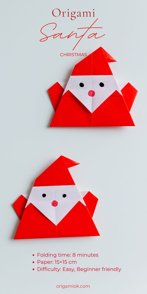 A simple origami Santa with a lovely hat. This is a brilliant idea for Christmas crafts. You can use it as an attachment to Chairmans gift box or as a decoration of a Christmas tree. Paper Santa Craft, Xmas Origami, Santa Origami, Origami Xmas, Origami Santa, Simple Origami, Fabric Origami, Santa Crafts, Christmas Origami