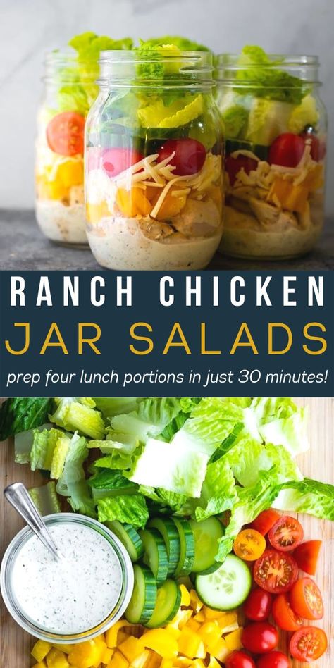 Ranch chicken jar salad Mason Jar Meal Prep, Mason Jar Lunch, Salad Jar Recipe, Jar Salads, Mason Jar Salad Recipes, Homemade Ranch Dressing, Healthy Lunch Meal Prep, Mason Jar Salad, Mason Jar Meals