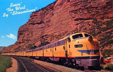 A Union Pacific company photo featuring train #104, the eastbound "City of Los Angeles" (Los Angeles - Chicago). Union Pacific Train, Train Photos, Florida East Coast, Passenger Train, Train Posters, Burlington Northern, Union Pacific Railroad, Railway Posters, Train Art