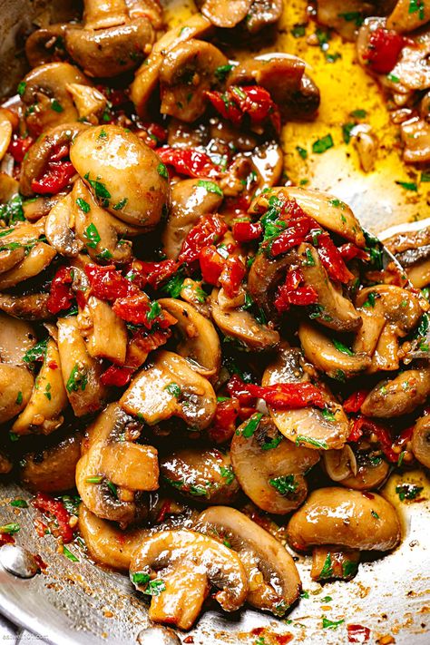 Garlic mushrooms - #mushroom #garlic. #recipe #eatwell101 - Incredible flavor twist! The herb garlic and sun-dried tomato butter sauce is so good, you’ll be serving these garlic mushrooms with everything! - #recipe by #eatwell101® Sundried Tomato Vegetarian Recipes, Mushrooms And Tomatoes Recipes, Banting Vegetable Recipes, Healthy Recipes With Sun Dried Tomatoes, What To Do With Sun Dried Tomatoes, What To Make With Sun Dried Tomatoes, Tomato Mushroom Recipes, Chicken Mushroom Sundried Tomato Recipes, Recipe For Sun Dried Tomatoes