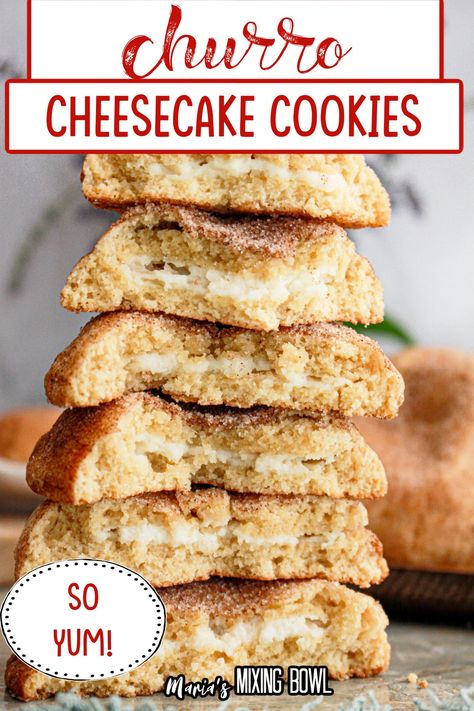 These Churro Cheesecake Cookies are soft and chewy cookies, that are filled with a sweet cream cheese filling, and coated in cinnamon sugar. Mini Churro Cheesecake Bites, Cheesecake Stuffed Churro Cookies, Curro Cheesecake, Churro Cheesecake Cookies, Sweet Cream Cheese Filling, Churro Cookies, Tiramisu Cookies, Cheesecake Cookies Recipes, Cheese Cake Filling