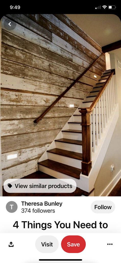 Old House Remodel, Farmhouse Stairs, Stairwell Wall, Film Decor, Rustic Stairs, Basement Garage, Remodel Basement, Barn Siding, Old Home Remodel