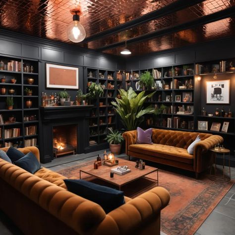 Build me a moody decor whisky basement with copper c... Speakeasy Library Bar, Whiskey Office Man Cave, Basement Remodel Moody, Masculine Whiskey Room, Moody Speakeasy Basement, Moody Whiskey Room, Cozy Moody Basement, Moody Dark Basement, Moody Bar Lounge