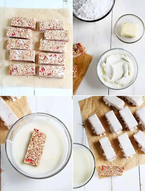 Yogurt-Coated Gluten Free Chewy Strawberry Granola Bars - Gluten Free on a Shoestring Yogurt Coating Recipe, Strawberry Granola Bars, Pantry Snacks, Gluten Free On A Shoestring, Strawberry Granola, Bars Gluten Free, Yogurt Toppings, Artist Tutorials, Chewy Granola Bars