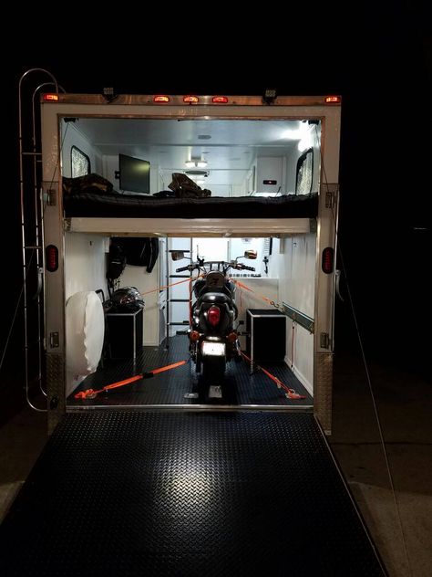 Street bike loaded. Loft bed installed. Toy Hauler Conversion, Enclosed Motorcycle Trailer, Utility Trailer Camper, Hunting Trailer, Toy Hauler Trailers, Enclosed Trailer Camper, Toy Hauler Camper, Cargo Trailer Camper Conversion, Enclosed Trailer