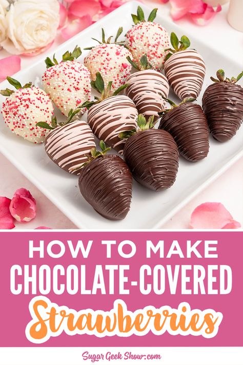 How to make the best chocolate-covered strawberries, the complete how-to video tutorial! Get tips on how to melt chocolate flawlessly, color chocolate, and make your chocolate-covered strawberries last as long as possible. We'll even cover what chocolate is best to use and how to temper milk, white, and dark chocolate. Watch the full video on my blog or YouTube channel! #strawberries #chocolate #chocolatestrawberries #dessert #wedding Making Chocolate Covered Strawberries, Valentine Chocolate Covered Strawberries, White Chocolate Covered Strawberries, Sugar Geek, Chocolate Covered Strawberry Recipe, White Chocolate Strawberries, Heart Shaped Chocolate, Valentines Day Chocolates, Chocolate Dipped Strawberries