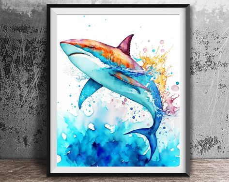 LightheartedSmile - Etsy Paintings Of Sharks, Great White Shark Watercolor, Shark Wall Decor, Shark Watercolor, Shark Poster, Clothes Painting, Nursery Painting, Shark Painting, Book Painting