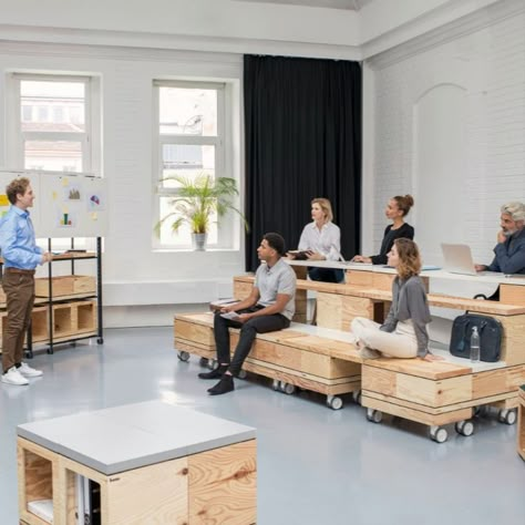 create your own modular, multifunctional, multipurpose workshop using PIXEL by Bene. Made from sustainable ply wood box. Multifunctional Office, Modular Table, Open Space Office, Modular Office, Modular Furniture, Move It, Learning Spaces, Coworking Space, Retail Space