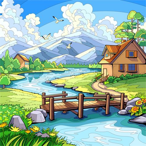 See my new artwork at Color Now !! Doodles Landscape, Paintings For Competition, ရှုခင်းပုံများ Drawing, Village Scenery Drawing, Natural Scenery Drawing, Village Scene Drawing, Beautiful Scenery Drawing, Drawing Pictures For Kids, Easy Scenery Drawing