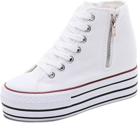 Amazon.com | Womens Platform Shoes Hidden Wedge 4 Inches Height Increase, High Top Canvas Sneakers High Heel White Black Fashion Sneakers for Women and Girls | Shoes White Fashion Sneakers, Women Platform Shoes, High Heel Sneakers, Wedge Sneakers, Black Sneakers, Platform Sneakers, Sneaker Heels, Platform Wedges, Platform Shoes