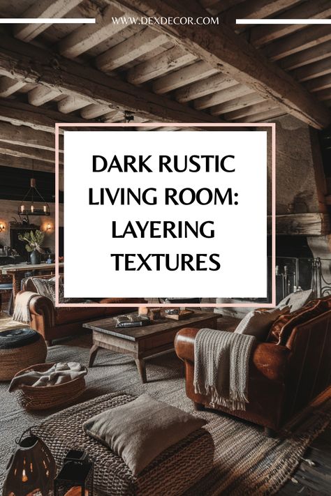 Dark rustic living room with leather sofas, wooden beams, and layered textures. Moody Farmhouse Interior, Earthy Living Room Aesthetic, Living Room Black And Wood, Rustic Industrial Decor Living Room, Western Gothic Living Room, Black Rustic Living Room, Dark Rustic Home, Dark Rustic Living Room, Brutalist Living Room