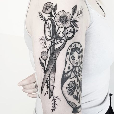 Scissors and flower vine, next to healed matryoshka doll. . . . #tattoo #tattoos #viivibodyctrl #bodyctrl  #dotworktattoo #scissorstattoo… Floral Scissors Tattoo, Scissor Tattoos, Scissor Tattoo, Doll Tattoo, Floral Chair, Vine Tattoos, Dot Work Tattoo, Girly Tattoos, Matryoshka Doll