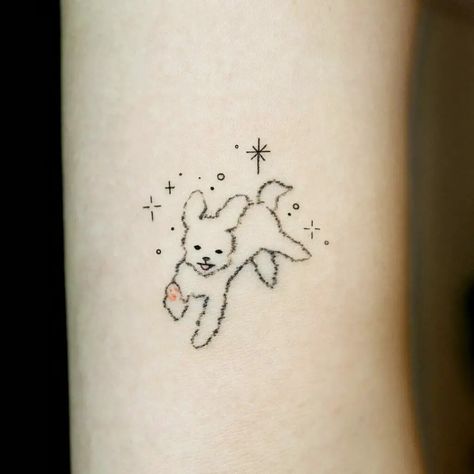 Sweet Dog Tattoo, Dog Tattoo Ideas Shih Tzu, Black Dog Tattoos For Women, First Dog Tattoo, Dog Cute Tattoo, Mini Poodle Tattoo, Scruffy Dog Tattoo, Childhood Pet Tattoo, Creative Dog Tattoos