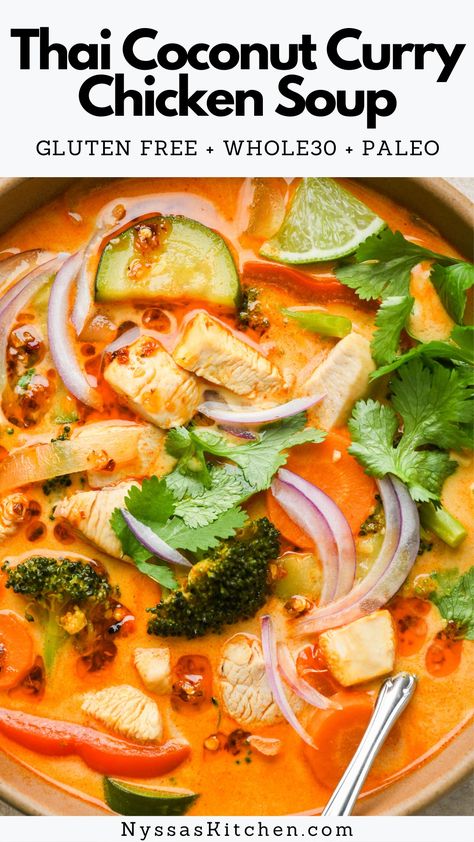 One of the best ways to warm up is with a hot bowl of Thai coconut curry chicken soup! Made with wholesome ingredients like chicken breast, a wide variety of colorful vegetables, garlic, ginger, red (or green!) curry paste, and fresh lime juice. An easy-to-make dinner that is so yummy! Whole30, paleo friendly, gluten free, dairy free, vegan option. Thai Coconut Chicken Soup Instant Pot, Thai Curry Vegetable Soup, Tofu Curry Soup, Whole 30 Chicken Soup Recipes, Low Cal Curry, Keto Thai Soup, Crockpot Curry Soup, Coconut Curry Soup Vegetarian, Soup Recipes With Coconut Milk