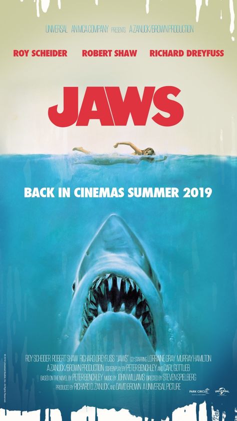 Jaws (1975) [2060  3662] RE-RELEASE POSTER Jaws Movie Poster, Shark Movies, Jaws 1975, Jaws 2, Roy Scheider, Summer Movies, Cool Movie Posters, Robert Shaw, Films Disney