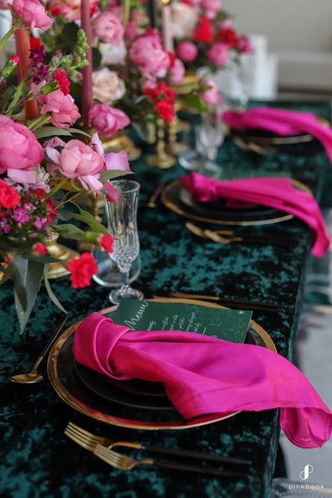 Fushia Centerpieces Ideas, Emerald Green And Magenta Wedding, Teal And Hot Pink Wedding, Pink Green Black Gold Decor, Hot Pink And Burgundy Wedding, Dark Green Orange Pink Wedding, Emerald And Pink Quinceanera Theme, Black Pink And Green Wedding, Fuschia And Emerald Wedding