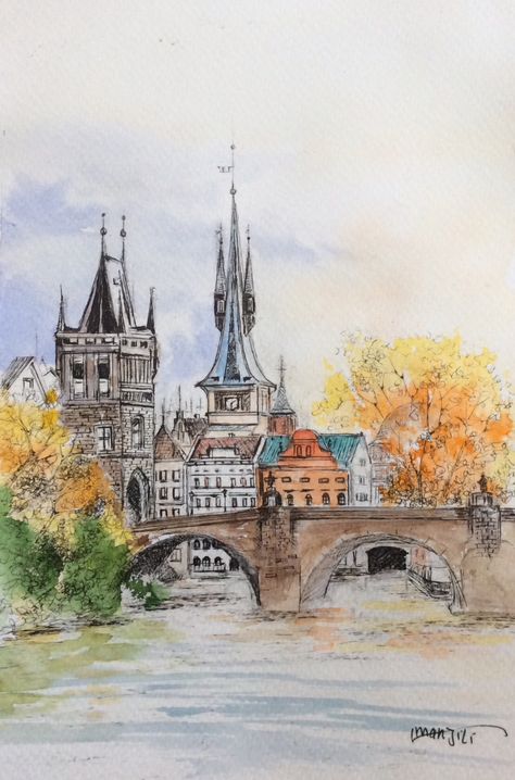 Watercolor Scenery, Scary Drawings, Mosque Art, Charles Bridge, Watercolor Architecture, Pen Art Drawings, Art Basics, Diy Watercolor Painting, Architecture Drawing Art