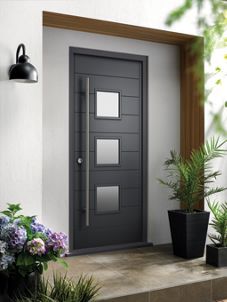 Wickes Malmo External Hardwood Veneer Glazed Door Grey 1981 x 838mm | (Front door and utility room entrance) Grey Front Door, Pvc Doors, External Front Doors, Grey Front Doors, Door Frame Molding, Composite Front Door, Contemporary Front Doors, Pull Bar, Hardwood Doors