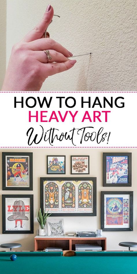 I'm obsessed with this simple solution for hanging heavy pictures, art, and mirrors in drywall without needing a drill and anchors! Picture Hanging Hacks, Wood On The Wall, Hanging Heavy Mirror, Hanging Heavy Pictures, Picture Hanging Tips, Hang Pictures, Diy Wand, How To Hang, Hanging Paintings