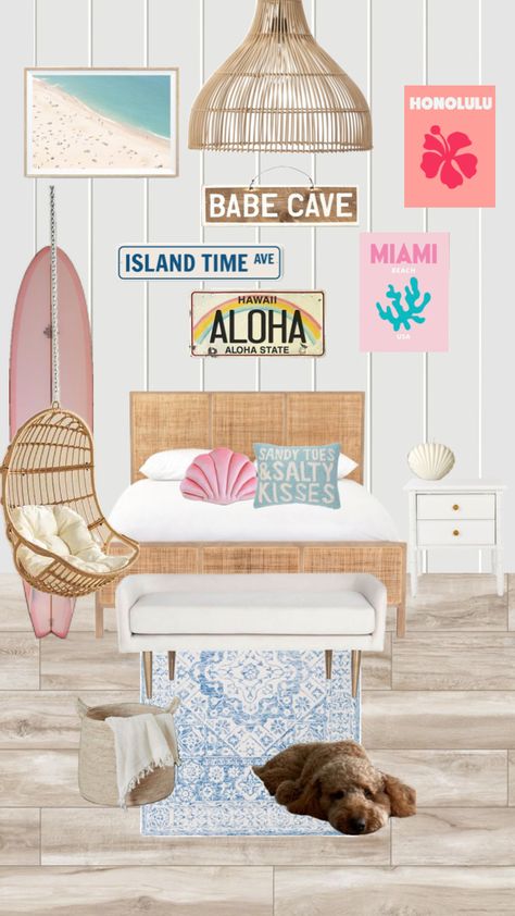 Teen Beach Room Ideas, Preppy Beach Room Aesthetic, Preppy Beach Room Decor, Vintage Beach Bedroom, Beach Aesthetic Bedroom Ideas, Preppy Beach Themed Room, Room Ideas Beach Aesthetic, Hawaii Aesthetic Bedroom, Beach Girl Room Aesthetic