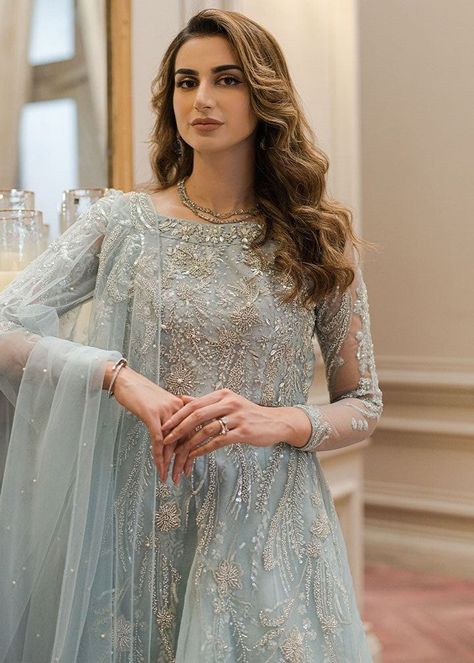 designer party wear dresses Ice Blue Indian Outfit, Ice Blue Gown, Pakistani Maxi Dresses, Blue Bridal Dress, Net Dress Design, Ice Blue Dress, Light Blue Bridesmaid Dresses, Affan Waheed, Embroidered Suits