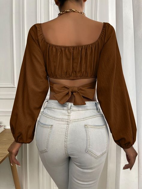 Ruched Knot Back Crop Blouse | SHEIN USA Tie Back Crop Top, Leather Blouse, Top Neckline, Brown Crop Top, Satin Crop Top, Construction Ideas, Trendy Tops For Women, Blouse Back, Pleat Top