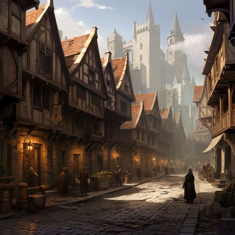 Medieval European streets, merchants, and Gothic-style castles. Minecraft Medieval Castle, European Streets, Perspective Pictures, Medieval Aesthetic, Medieval Gothic, Castle Aesthetic, Location Inspiration, Dark City, Fantasy City