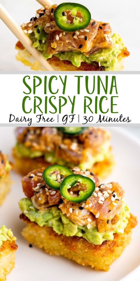 Dairy Free Tuna Recipes, Dairy Free Appetizer, Spicy Tuna Crispy Rice, Tuna Crispy Rice, Healthy Grains Recipes, Whole 30 Approved Foods, Easy Tuna Recipes, Rice Crispies Recipe, Amanda Nighbert