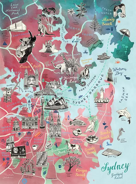 Sydney Map : Theresa Grieben Sydney Map, Map Projects, Berlin Art, Map Illustration, Sydney City, Hand Drawn Map, Drawn Map, Tourist Map, Australia Map