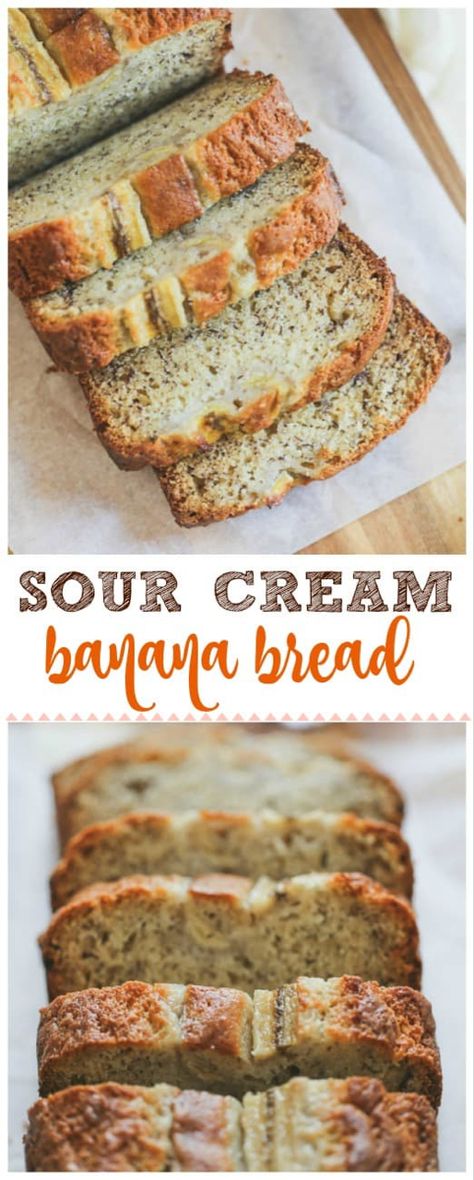 Sour Cream Banana Bread - This moist, slightly tangy Sour Cream Banana Bread is super delicious on its own or try slathering it with some butter while the bread is still warm.  It can\'t be beat for summer banana bread for snacking, picnics and ripe bananas! #banana #banana bread #dessert #baking #sour cream Sour Cream Banana Bread, Dessert Breads, Banana Bread Recipe Moist, Christmas Bread, Sour Cream Recipes, Moist Banana Bread, Cloud Bread, Fruit Bread, Banana Nut Bread