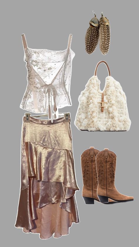 Laced top and thrilled silk skirt add fun texture, with cowboy boots for a unique flare #bohemian #festival #unique #cowboy Modern Bohemian Outfits, Bohemian Outfits, Daily Fits, Taylor Swift Tour Outfits, Swift Tour, Tour Outfits, Bohemian Festival, Bohemian Look, Hozier