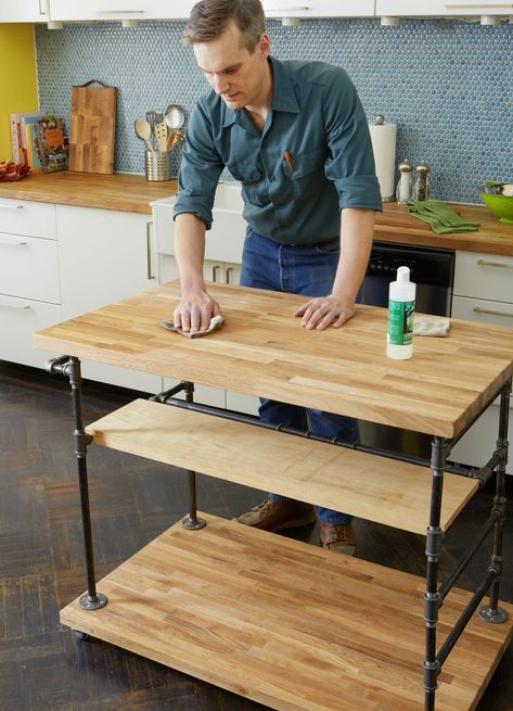 How to Build a Butcher-Block Island - This Old House Diy Butcher Block Island, Butcher Block Kitchen Island, Diy Butcher Block, Kitchen Centerpiece, Butcher Block Island, Butcher Block Kitchen, Butcher Blocks, Kitchen Design Diy, Pipe Furniture