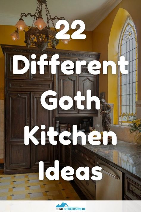 A gothic kitchen with tall, arched windows, dark cabinetry, and rich wood tones creating a luxurious and gothic-inspired atmosphere. Cottage Witch Kitchen Aesthetic, Gothic Cottagecore Aesthetic Kitchen, Small Gothic Kitchen Ideas, Witches Kitchen Decor, Witchy Kitchen Cabinets, Gothic Kitchen Aesthetic, Witchy Kitchen Decor Ideas, Gothic Victorian Kitchen, Gothic Farmhouse Kitchen