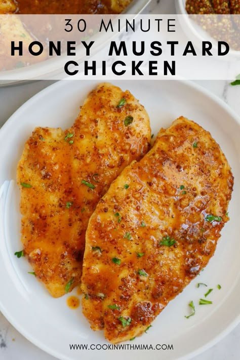 Looking for a quick and easy dinner to make tonight? This delicious honey mustard chicken comes together in 30 minutes for a juicy and flavorful chicken breast dinner recipe perfect for busy weeknights. Perfectly seared chicken breasts coated with a delicious honey mustard sauce, this simple Honey Mustard Chicken is the perfect weeknight dinner. #chicken #dinner #easydinner Chicken Mostarda, Honey Mustard Breaded Chicken, Healthy Chicken Breast Dinner, Weeknight Dinner Chicken, Easy Dinner To Make, Cooked Chicken Temperature, Honey Mustard Chicken Breast, Mustard Chicken Breast, Honey Dijon Chicken