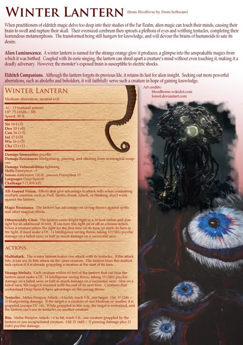 Bloodborne Winter Lantern Dnd Bloodborne, Bloodborne Dnd, Neutral Evil, Homebrew Monsters, Winter Lantern, 5e Monsters, Dnd Stats, Dnd Monster, Dnd Creatures