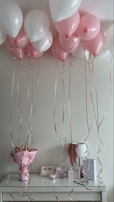 18th Birthday Party Ideas Pink And White, Light Pink Birthday Party Aesthetic, White And Pink Birthday Theme, Light Pink Balloons, Light Pink Birthday, Pink Bday, Birthday Morning Surprise, Birthday Lights, Girly Birthday