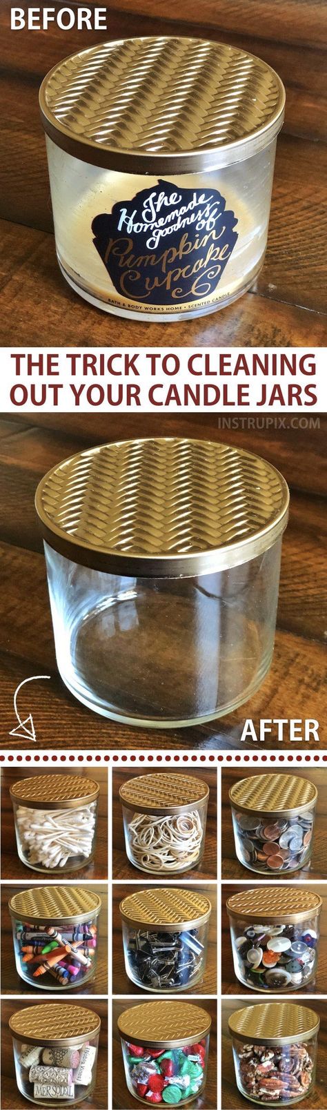 DIY: How to get wax out of candle jars! This easy trick takes hardly any effort at all, and is a great way to recycle, repurpose and reuse. Recycled projects and crafts are always my favorite because they're either really cheap or cost nothing at all. You could even sell these as pretty storage jars! A life hack everyone should know. Instrupix.com Repurpose Containers, Diy Ombre, Craft Easy, Decor Ikea, Diy Upcycling, Ways To Recycle, Recycled Projects, Candle Jar, Cleaning Ideas