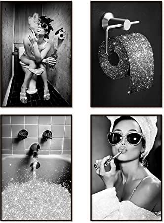 Modern Fashion Women, Glitter Bathroom, Pictures For Bathroom Walls, Bathroom Decor Wall Art, Artwork For Wall, Bathroom Decor Wall, Glam Bathroom, Eclectic Wall Decor, Black Bathroom Decor