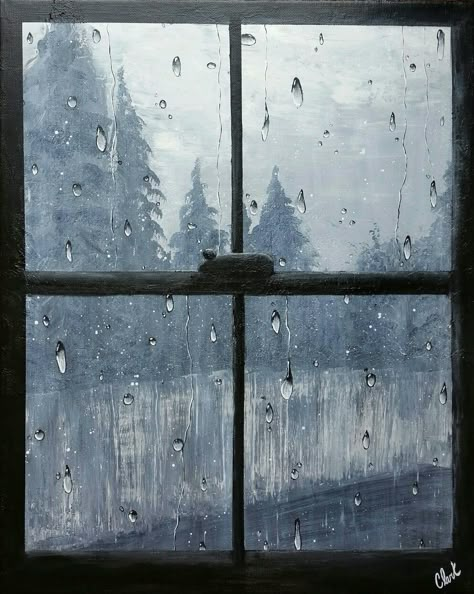 Painting That Looks Like A Window, Rain Window Illustration, Rain On Window Drawing, Window Painting Ideas On Canvas, Foggy Window Painting, Rain Window Painting, Window Rain Painting, Rain On Window Painting, Window Aesthetic Drawing