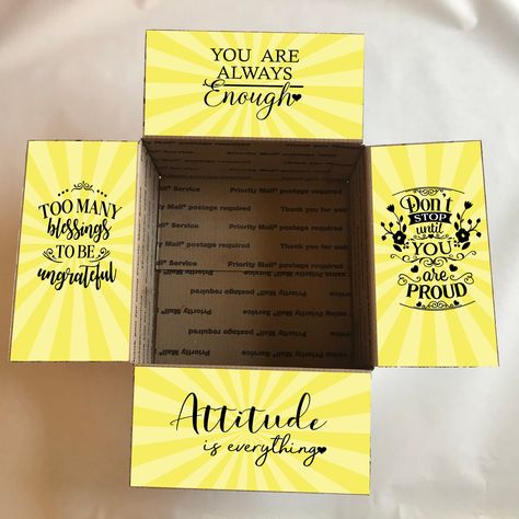 Sunny Affirmations Care Package Box Flaps - PRINTABLE by ImPossibleStudio on Etsy Care Package Printables Free, First Week Of College Care Package, Senior Citizen Care Package Ideas, September Care Package College, Sunshine Basket, Student Survival Kits, Sunshine Care Package, Sunshine Box, Diy Care Package