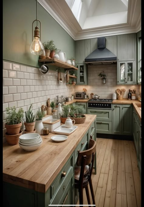 Cottage Core Cabinets, Small Craftsman Kitchen Ideas, Cozy Kitchen Island, Olive Kitchen, Olive Green Kitchen, Dark Green Kitchen, Green Kitchen Cabinets, Green Cabinets, Kitchen Inspiration Design