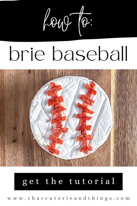 Be baseball ready with this fun brie baseball tutorial! Baseball Themed Appetizers, Baseball Theme Charcuterie Board, Baseball Cheeseball, Baseball Fruit Tray, Baseball Appetizers, Baseball Charcuterie Board, Baseball Food Ideas, Baseball Party Food Ideas, Baseball Charcuterie