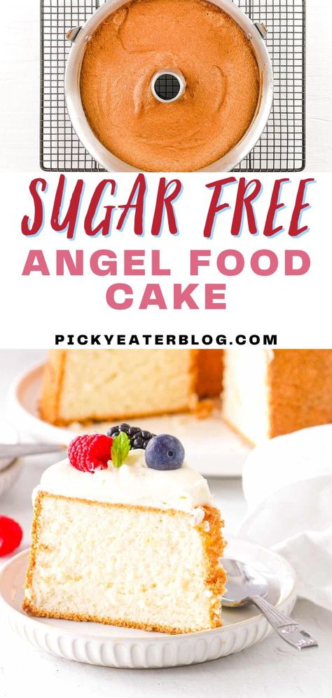 This delicious sugar free angel food cake recipe is moist, fluffy, light, and super easy to make! All you need is a handful of pantry ingredients, and you’ll have a bakery-style, healthy, low calorie angel food cake with just 61 calories and 0 grams of sugar per slice! Angel Food Cake For Diabetics, Low Sugar Angel Food Cake, Angel Food Cake Recipes Healthy, Home Made Angel Food Cake Recipe, Keto Angel Food Cake Low Carb, Low Carb Angel Food Cake Recipes, Low Calorie Angel Food Cake Recipes, Low Carb Angel Food Cake, Low Cholesterol Cake Recipes