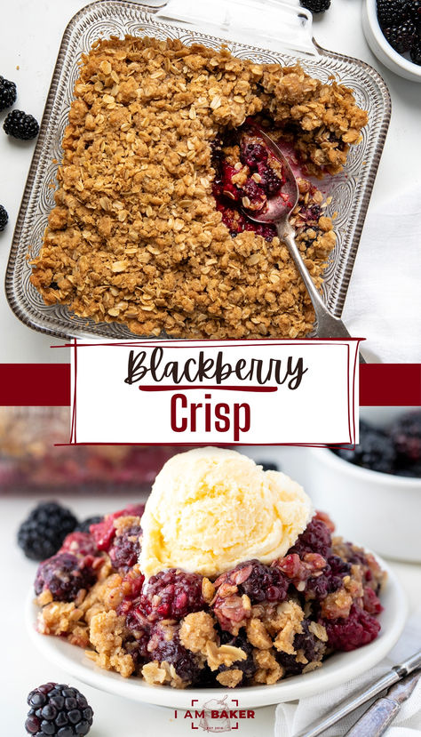 one image shows blackberry crisp in a glass dish on a white countertop with a silver spoon. The second image shows a scoop of blackberry crisp on a small white plate with a scoop of ice cream on top. Blackberry Crisp Recipe, Blackberry Crisp, Farmhouse Recipes, Easy Impressive Dessert, Blackberry Dessert, Crisp Desserts, Blackberry Crumble, Blackberry Recipes, Mom Recipes